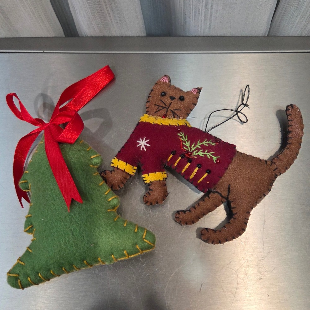 Handmade Felt Christmas Ornaments Set Cat in Sweater and Green Tree Folk Art